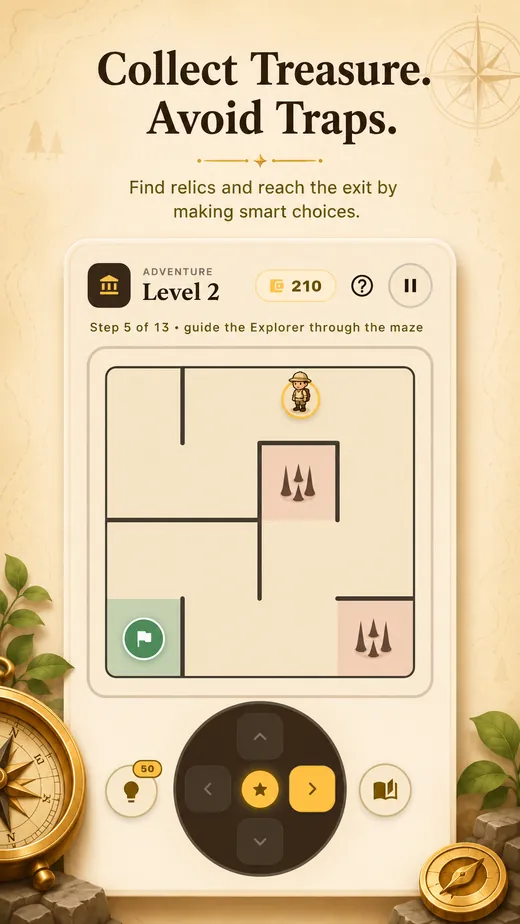 CompassQuestX collect treasure avoid traps screen